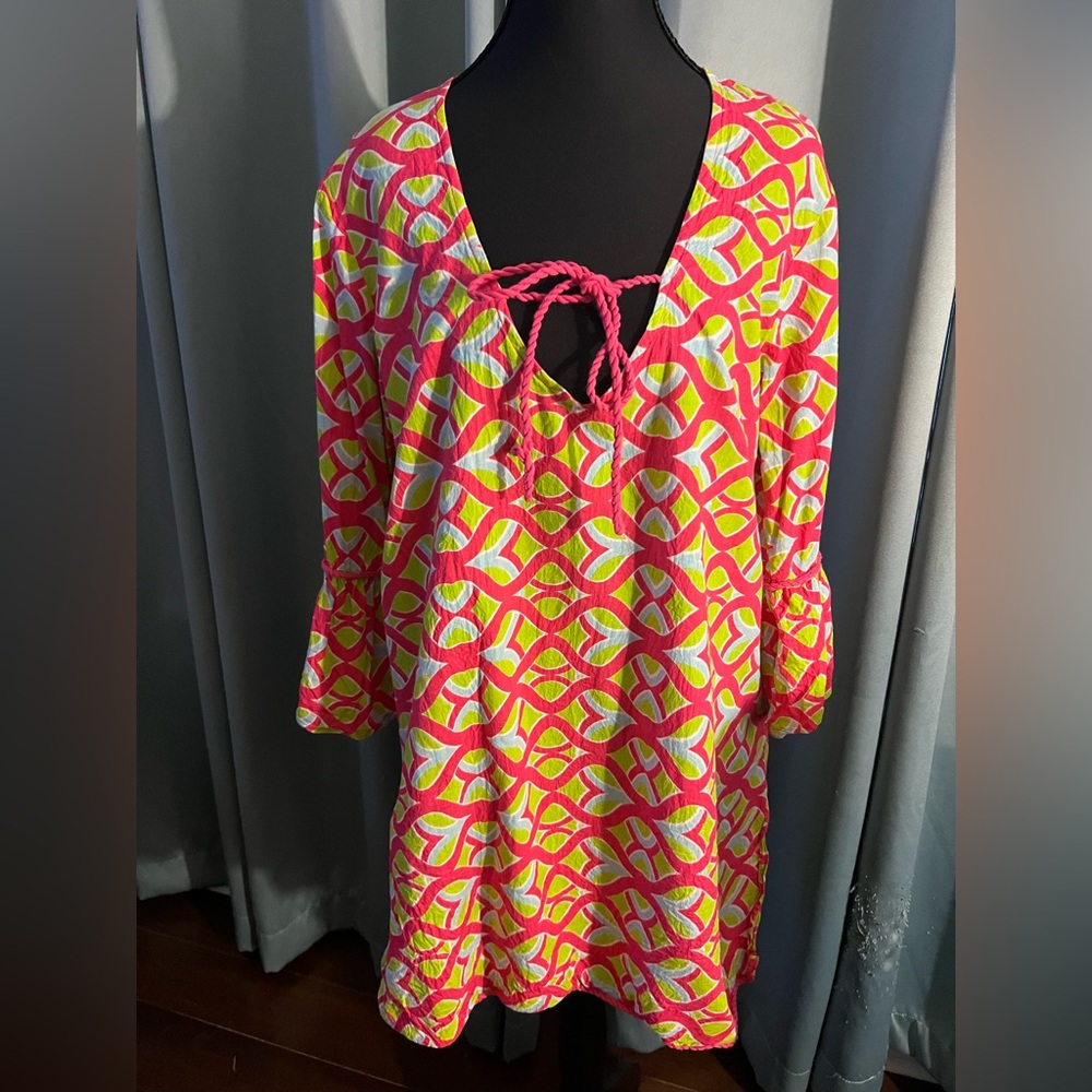 Buckhead Betties Pink and Lime Green Geometric Print Beach Cover-Up M